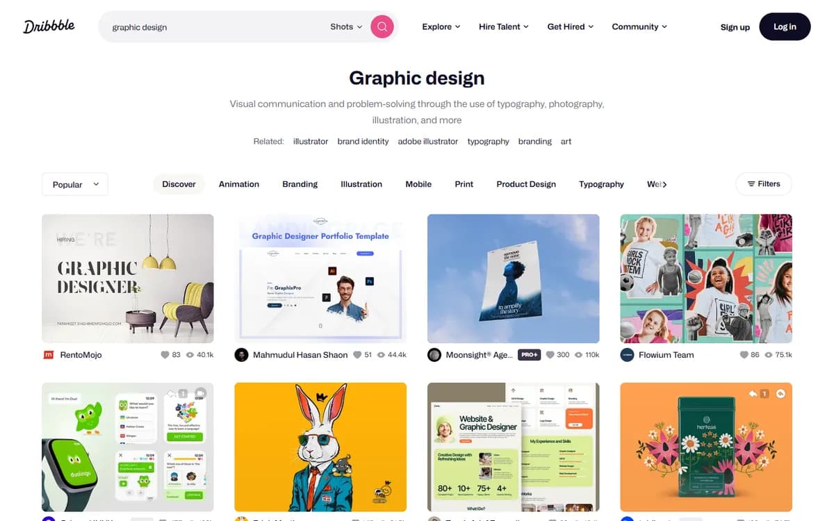 نمایی از سایت Dribbble و طرح‌های گرافیکی